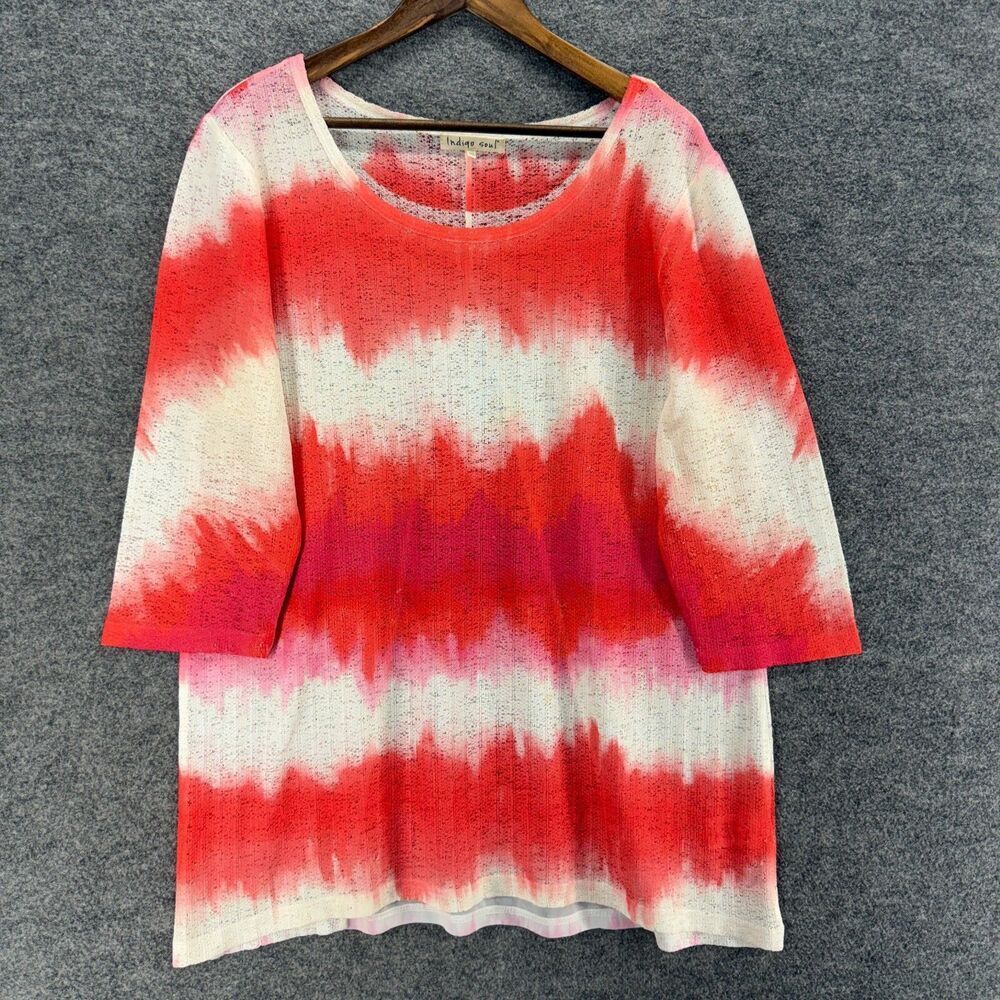 Indigo Soul Blouse Women XL Red Striped 3/4 Sleeve Round Neck Pullover Casual